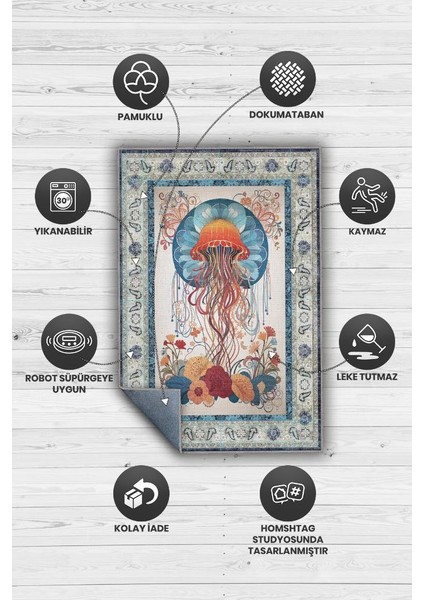 Nuh'un Gemisi Koleksiyonu Deniz Anası Çiçek Desenli Temalı Vintage Renkli Maksimalist Halı