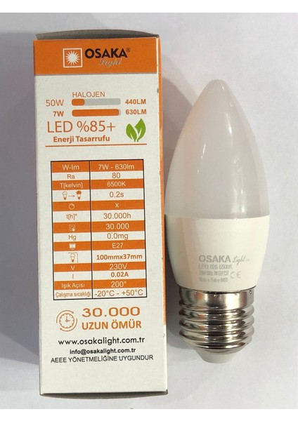 5 Adet Osaka 7W=50W 630 Lümen E27 LED Buji 6500 Kelvin Beyaz fiyatları