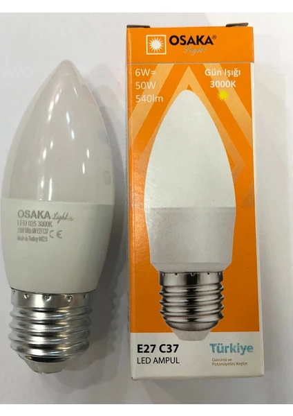 5 Adet Osaka 6W=50W 540 Lümen E27 LED Buji  3000 Kelvin Günışığı