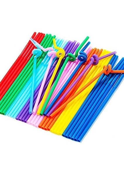 Renkli Ince Kıvrımlı Artistik Pipet 50'li