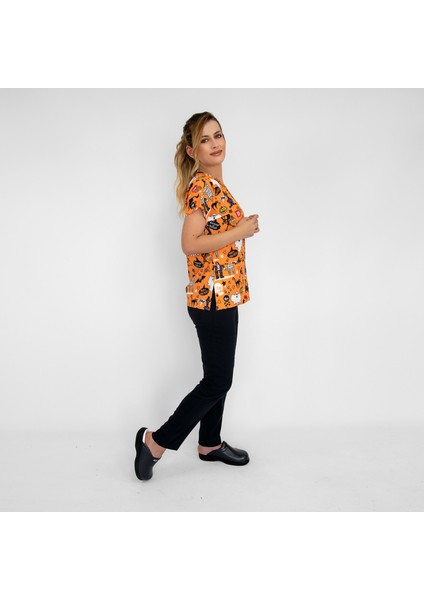 Cadılar Bayramı Desenli Likralı Unisex Doktor Hemşire Scrubs Üniforma Takımı