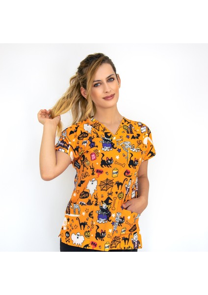 Cadılar Bayramı Desenli Likralı Unisex Doktor Hemşire Scrubs Üniforma Takımı fırsatları
