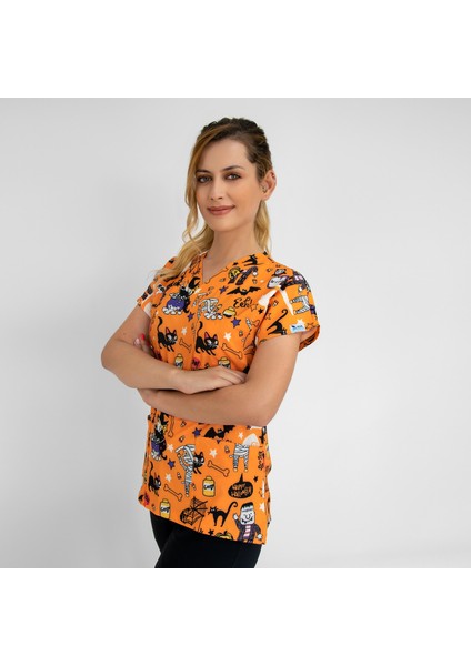 Cadılar Bayramı Desenli Likralı Unisex Doktor Hemşire Scrubs Üniforma Takımı indirimleri