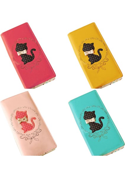 Amart-D Kız Bifold Deri Çanta Noktalar Karikatür Kedi Desen Debriyaj Uzun Fermuar Cüzdan Çanta (Yurt Dışından)