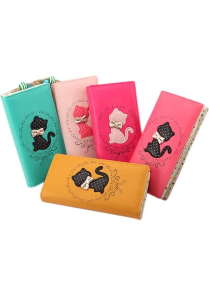 Amart-D Kız Bifold Deri Çanta Noktalar Karikatür Kedi Desen Debriyaj Uzun Fermuar Cüzdan Çanta (Yurt Dışından)