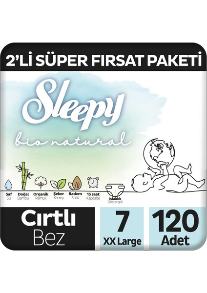 Bio Natural 2'li Süper Fırsat Paketi Bebek Bezi 7 Numara Xxlarge 120 Adet