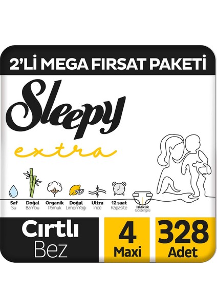 Extra Günlük Aktivite 2'li Mega Fırsat Paketi Bebek Bezi 4 Numara Maxi 328 Adet