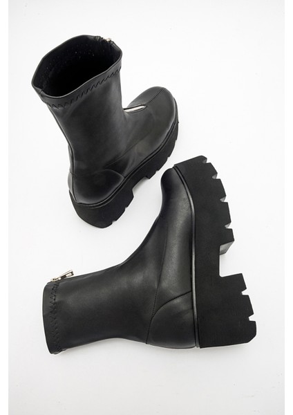 Ovil Siyah Streç Kalın Taban Fermuarlı Kadın Bot fiyatları