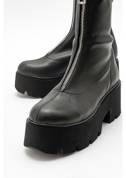 Ovil Siyah Streç Kalın Taban Fermuarlı Kadın Bot indirimleri