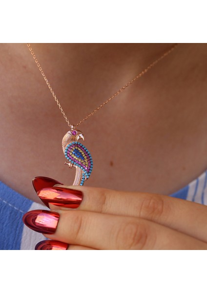 Renkli Taşlı Nazar Boncuklu Şirin Papağan Gümüş Kolye fırsatları