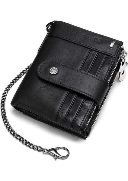 Humerpaul Erkek Cüzdan Rfıd Ultra Ince Deri Iki Katlı Toka Retro Kısa Bozuk Para Cüzdanı Çok Fonksiyonlu Kart Çantası Zincir Çanta Siyah (Yurt Dışından)