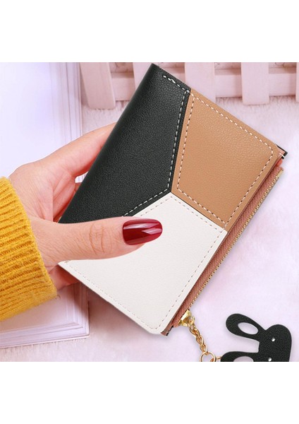 Kadın Pu Deri Bozuk Para Cüzdanı Moda Kontrast Renk Mini Kısa Cüzdan Rahat Bayanlar Püskül Fermuar Kart Tutma ile Tavşan Kolye (Yurt Dışından)