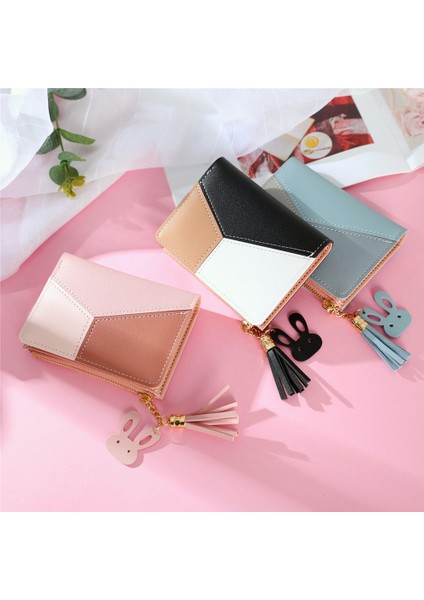 Kadın Pu Deri Bozuk Para Cüzdanı Moda Kontrast Renk Mini Kısa Cüzdan Rahat Bayanlar Püskül Fermuar Kart Tutma ile Tavşan Kolye (Yurt Dışından) fırsatları