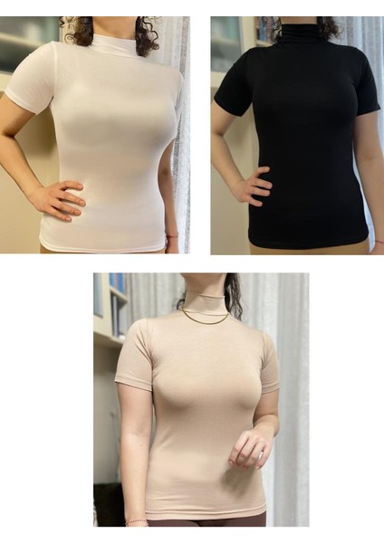 Kadın Kısa Kol Yarım Balıkçı Boğazlı Body 3 Adet