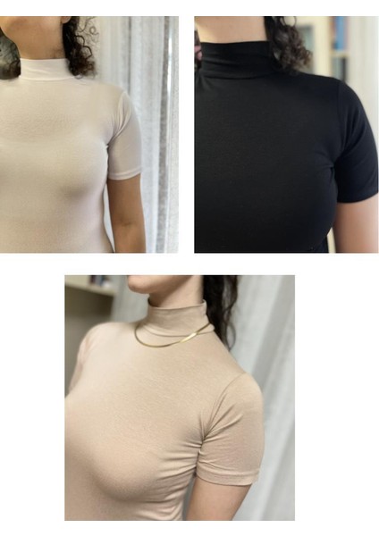 Kadın Kısa Kol Yarım Balıkçı Boğazlı Body 3 Adet