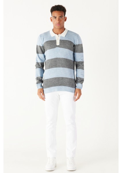 Erkek Mavı Antrasıt Standart Fit Normal Kesim Polo Yaka Çizgili Şardonlu Yumuşak Dokulu Triko Kazak fiyatları