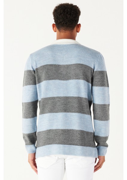 Erkek Mavı Antrasıt Standart Fit Normal Kesim Polo Yaka Çizgili Şardonlu Yumuşak Dokulu Triko Kazak indirimleri