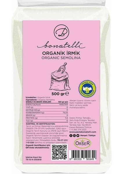 Organik Irmik 500 gr