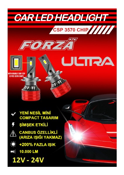 H3 LED Far Xenon Ultra Slım Power Csp 12-24 V Csp LED 10.000 Lumen