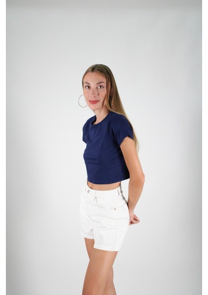 Lacivert Kısa Kollu Crop Tshirt