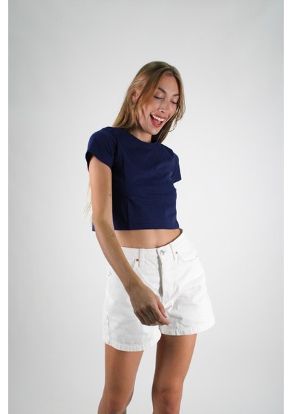 Lacivert Kısa Kollu Crop Tshirt