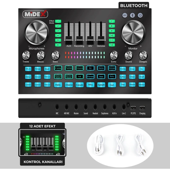 Midex VS20 Üst Seviye Stüdyo Kayıt Canlı Yayın Şarjlı Ses Kartı Efektli Radyo Mikseri (Telefon ve Pc Podcast)