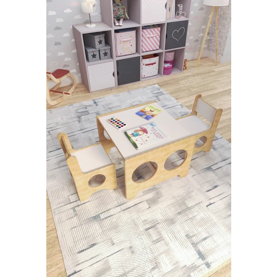 Zeo Wood Design Montessori Çocuk Oyun & Aktivite & Çalışma Masa ve 2 Sandalye