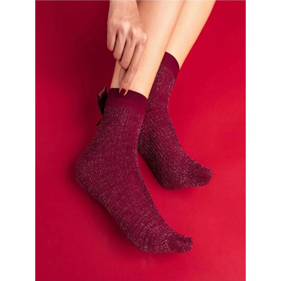 Vagon Collection Kadın Kurdelalı Simli Soket Çorap -N10