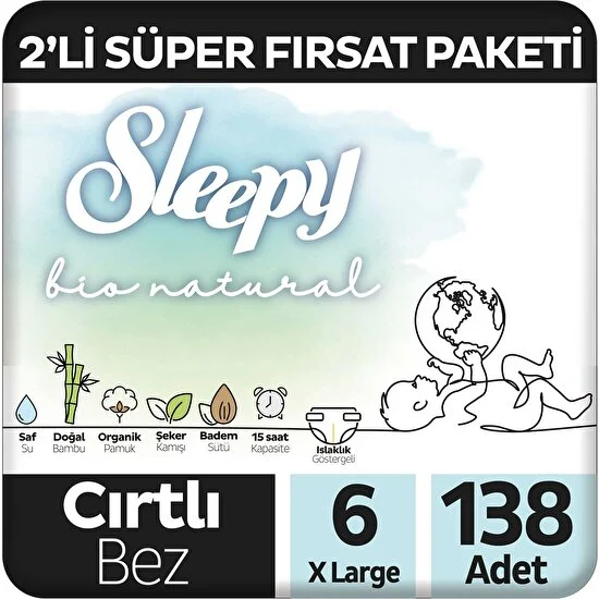 Sleepy Bio Natural 2'li Süper Fırsat Paketi Bebek Bezi 6 Numara Xlarge 138 Adet