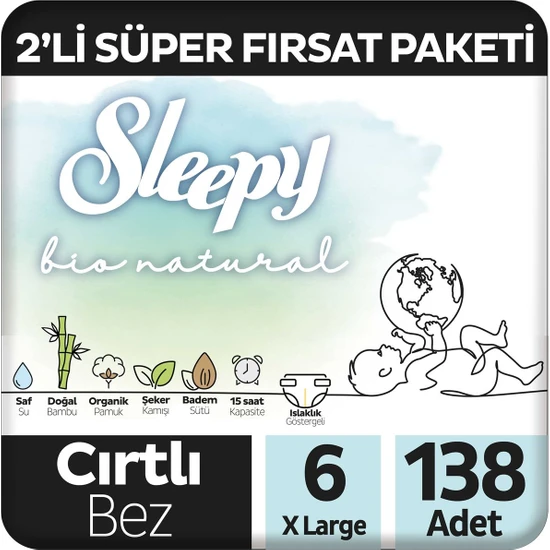 Sleepy Bio Natural 2'li Süper Fırsat Paketi Bebek Bezi 6 Numara Xlarge 138 Adet