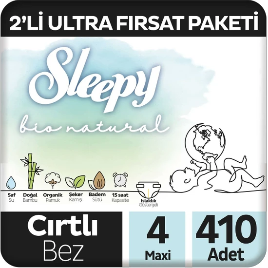 Sleepy Bio Natural 2'li Ultra Fırsat Paketi Bebek Bezi 4 Numara Maxi 410 Adet