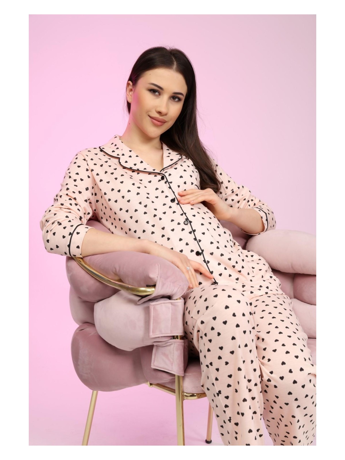 Likapa Penye Önden Düğmeli Hamile Lohusa Uzun Kol Pijama Takımı - Görsel 4