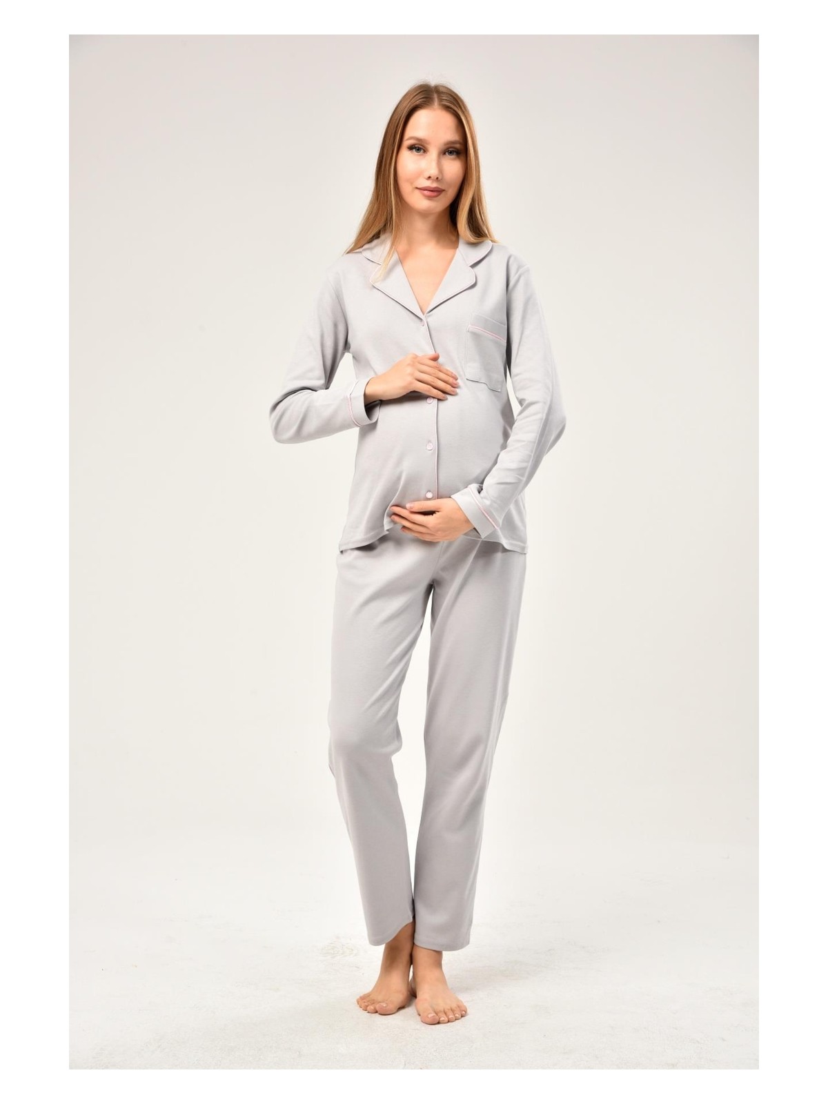 Likapa Interlok Düğmeli Hamile Lohusa Uzun Kol Pijama Takımı 1354-01 - Görsel 3