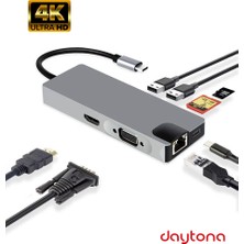 Daytona FC09 Macbook Uyumlu Type-C To 4K 1080P Hd HDMI 1000 Mbps Gigabit Ethernet RJ45 Pd Sd Kart 2* USB 3.0 VGA 8ın1 Çevirici Hub Adaptör