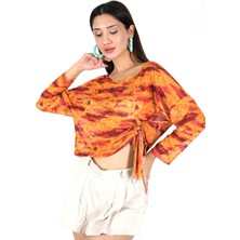 Meskan Tekstil Transparan Turuncu Desenli Büzgü Detaylı Oversize Crop Top
