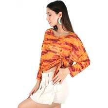 Meskan Tekstil Transparan Turuncu Desenli Büzgü Detaylı Oversize Crop Top