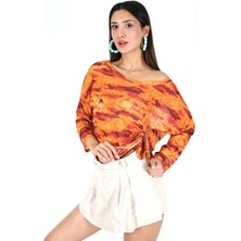 Meskan Tekstil Transparan Turuncu Desenli Büzgü Detaylı Oversize Crop Top