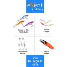 Exent 3 Adet Rapala + Kurşun Kafalı 5 Adet Kanca + Fosfor + Balıkçı Makası-Seti