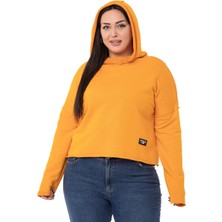 Disentis Modest Büyük Beden Kapüşonlu Düşük Kollu Pis Dikişli Üç Iplik Hardal Sweatshirt