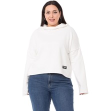 Disentis Modest Büyük Beden Kapüşonlu Düşük Kollu Pis Dikişli Üç Iplik Beyaz Sweatshirt