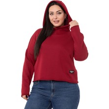 Disentis Modest Büyük Beden Kapüşonlu Düşük Kollu Pis Dikişli Üç Iplik Bordo Sweatshirt
