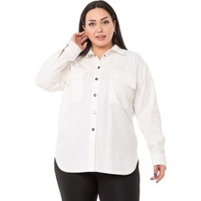 Disentis Modest Büyük Beden Kapaklı Cepli Çıtçıtlı Gabardin Beyaz Ceket Gömlek