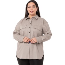 Disentis Modest Büyük Beden Kapaklı Cepli Çıtçıtlı Gabardin Taş Rengi Ceket Gömlek