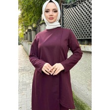 Bwest Kruvaze Bisiklet Yaka Sade Basic Tunik Panolon ikili takım - 03076 - Mürdüm
