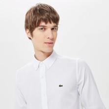 Nikke Lacoste Erkek Slim Fit Düğmeli Yaka Beyaz Gömlek