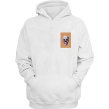 The Wert Unisex Pembe Çizgili Kuru Kafa Baskılı Beyaz Normal Kalıp Şardonlu Kalın Sweatshirt