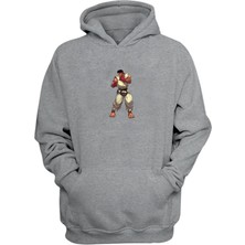 The Wert Unisex Sokak Dövüşçüsü Ryu Baskılı Gri Normal Kalıp Şardonlu Kalın Sweatshirt