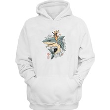 The Wert Unisex Samuray Cat Ve Köpek Balığı Baskılı Beyaz Normal Kalıp Şardonlu Kalın Sweatshirt