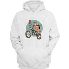 The Wert Unisex Motorlu Cat Baskılı Beyaz Normal Kalıp Şardonlu Kalın Sweatshirt