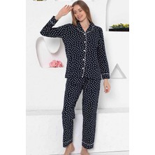 Alimer Kadın Lacivert Kalpli Desen Boydan Düğmeli Gömlek Yaka Uzun Kollu Pijama Takımı EDY2764UK-L